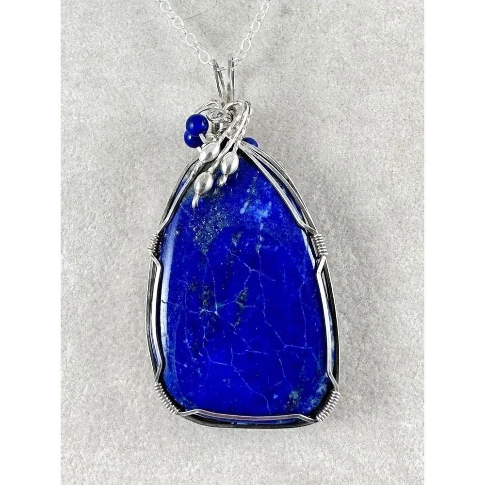 Handmade Lapis Large Bail Pendant Stone Sterling Silver Wire Wrapped Necklace